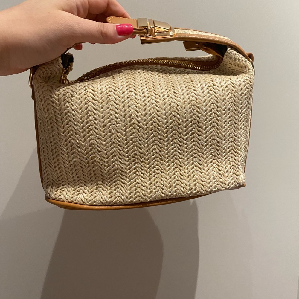 Straw and Brown Leather Clutch & Crossbody Bag with Gold Buckle | Strap Included